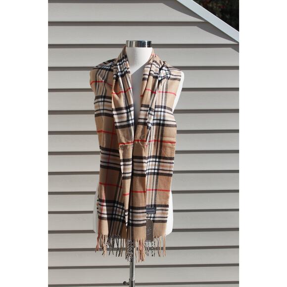 Janice Apparel Women's Faux Cashmere Scarf Classic Tan Plaid Tartan Fringe - Picture 11 of 11